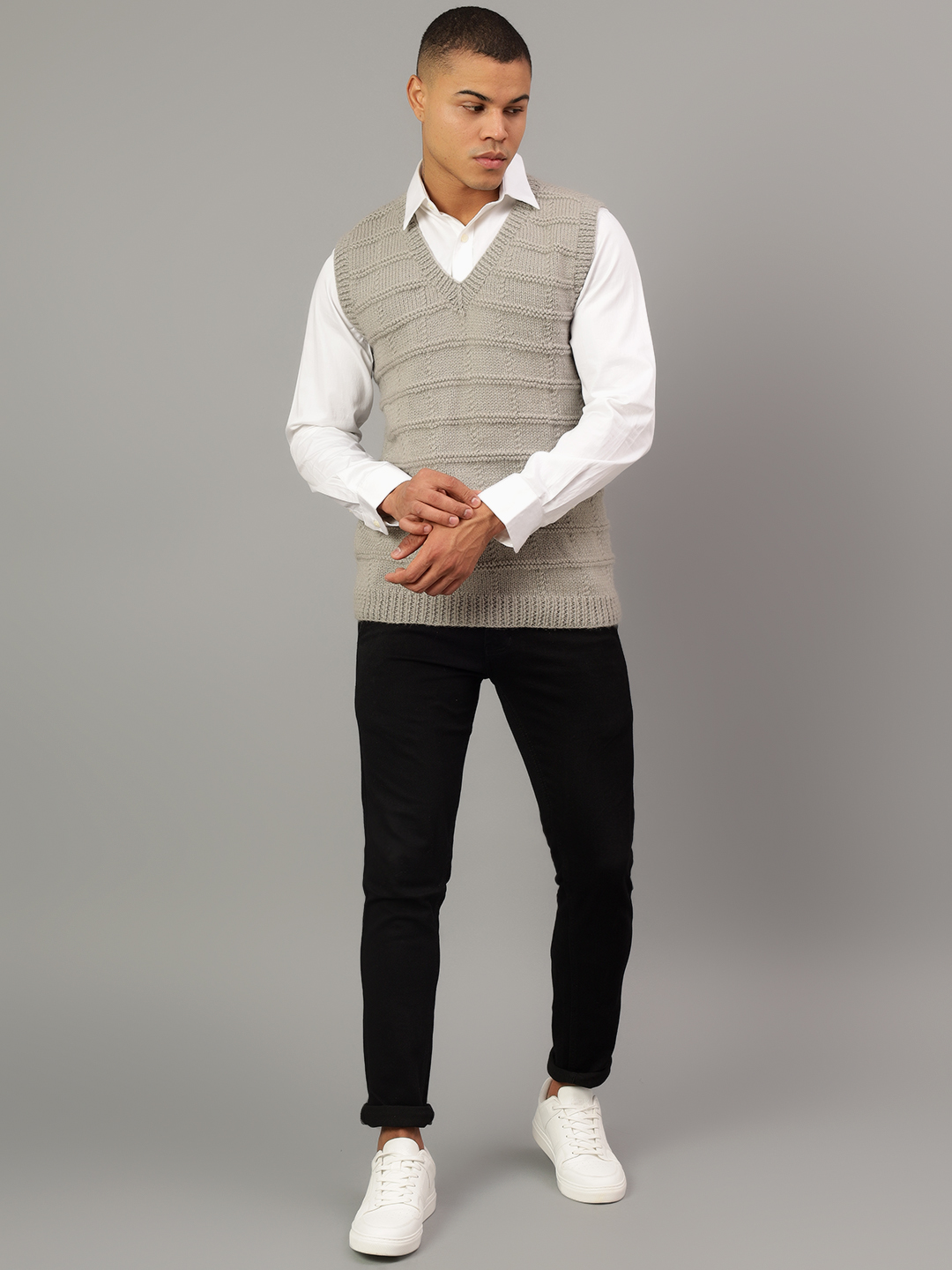 Handcrafted Sleeveless Jumper for Gents - Grey