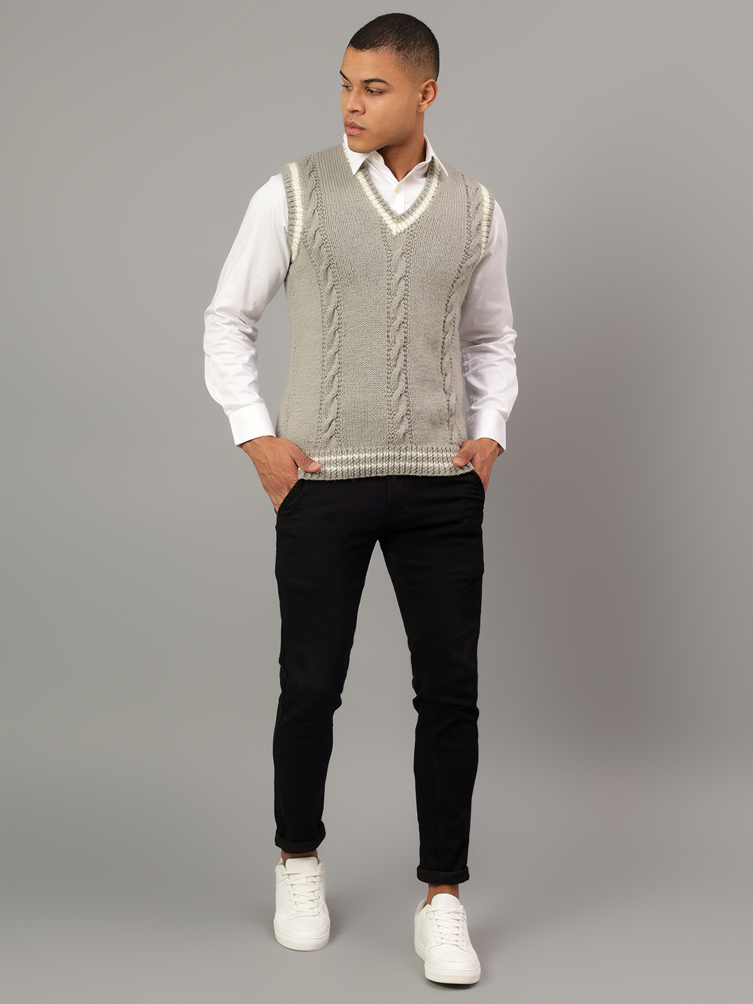 Handmade Cable Knit Sleeveless Pullover For Men - Grey