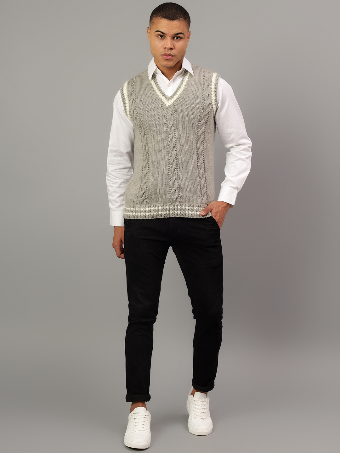 Handmade Cable Knit Sleeveless Pullover For Men - Grey