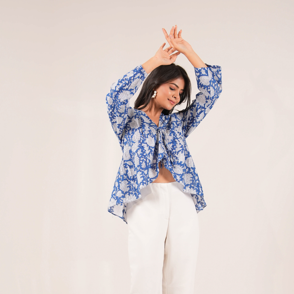 Neelkamal Overlap Blue Handblock Floral Printed Full Sleeve Top