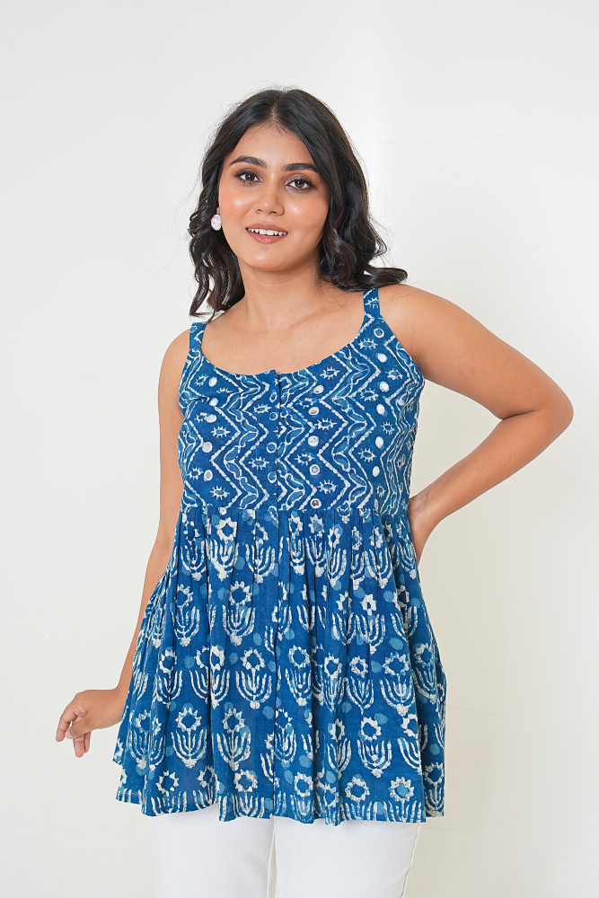 Image of Indigo Breeze Hand Block Printed Embroidered Flared Top
