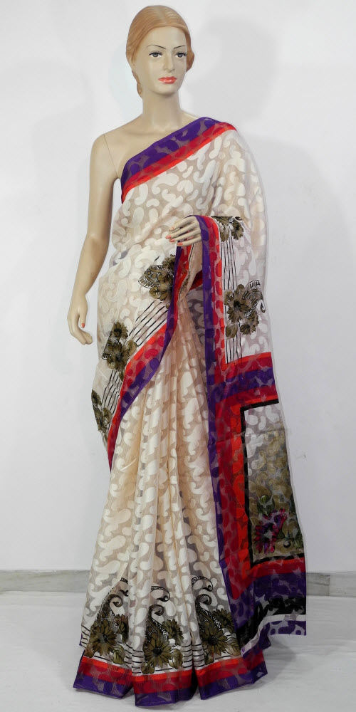 Off White Exclusive Brasso Art Silk Saree with Blouse