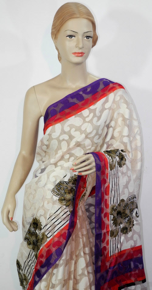 Off White Exclusive Brasso Art Silk Saree with Blouse