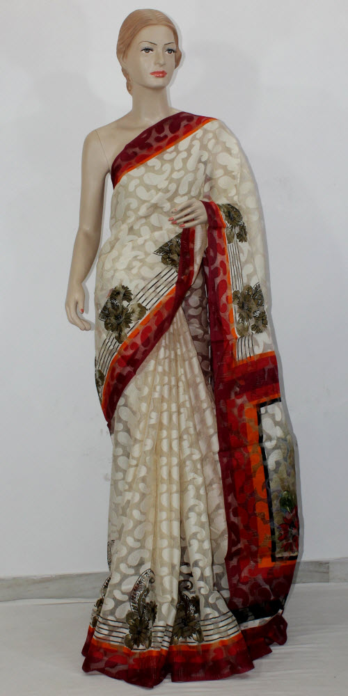 Off White Exclusive Brasso Art Silk Saree with Blouse