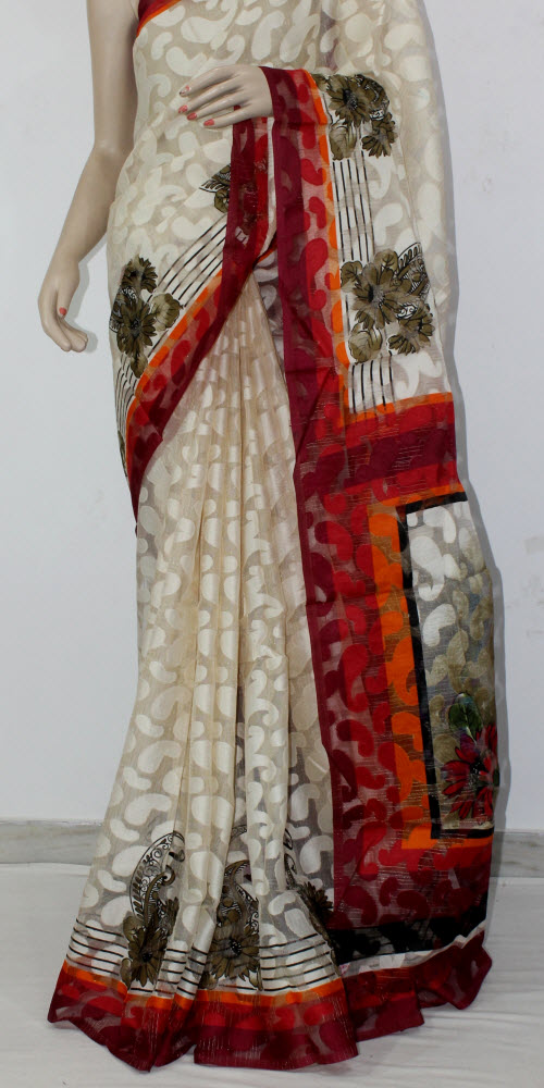 Off White Exclusive Brasso Art Silk Saree with Blouse