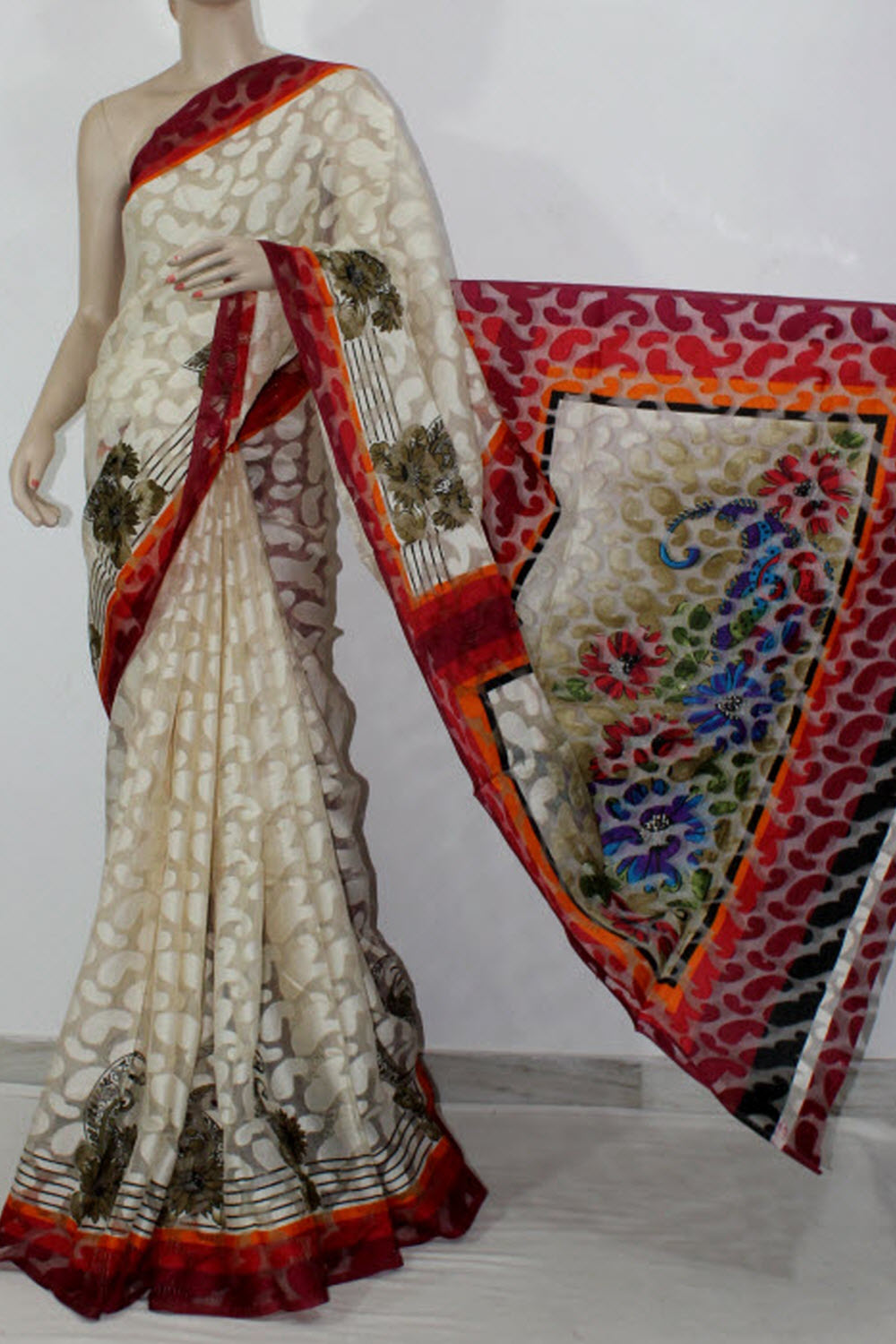 Off White Exclusive Brasso Art Silk Saree with Blouse