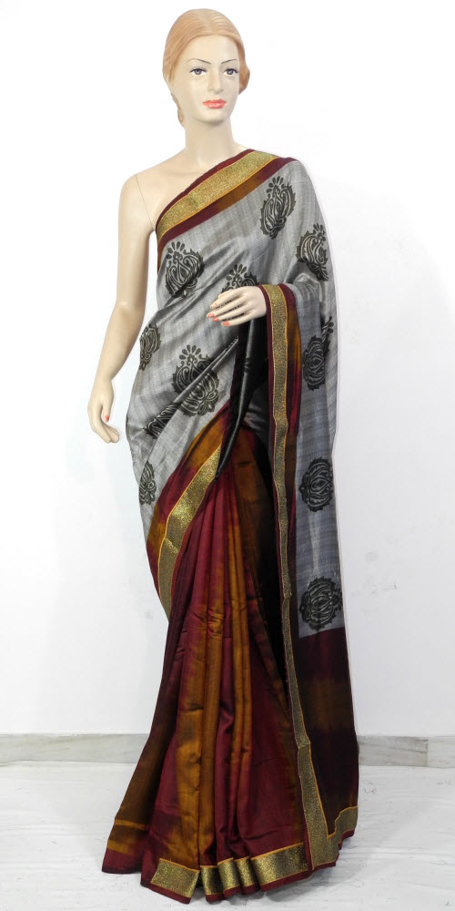 Grey-Rust Exclusive Art Silk Saree with Blouse
