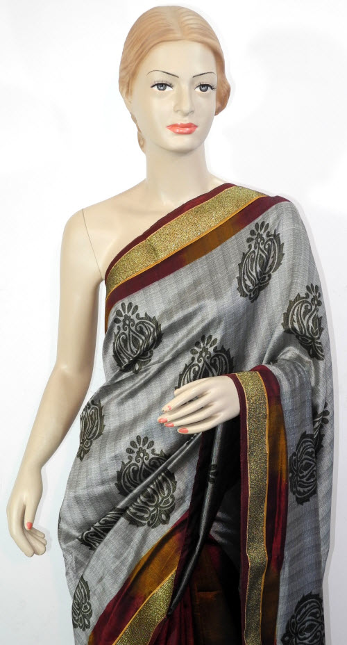 Grey-Rust Exclusive Art Silk Saree with Blouse