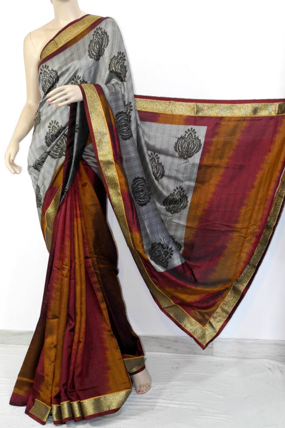 Grey-Rust Exclusive Art Silk Saree with Blouse