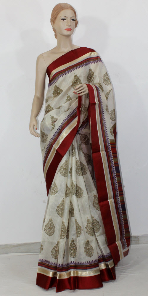 Off White-Maroon Exclusive Art Silk Saree with Blouse
