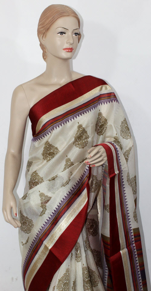 Off White-Maroon Exclusive Art Silk Saree with Blouse