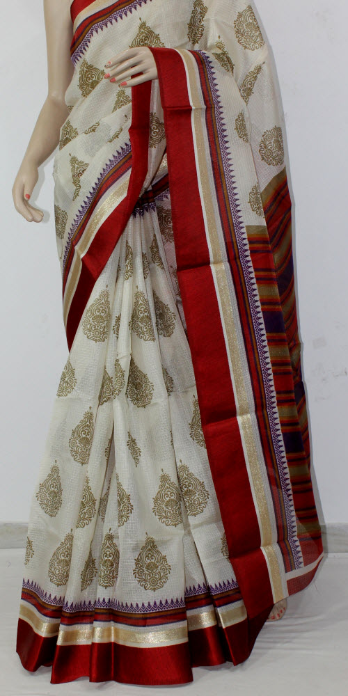Off White-Maroon Exclusive Art Silk Saree with Blouse