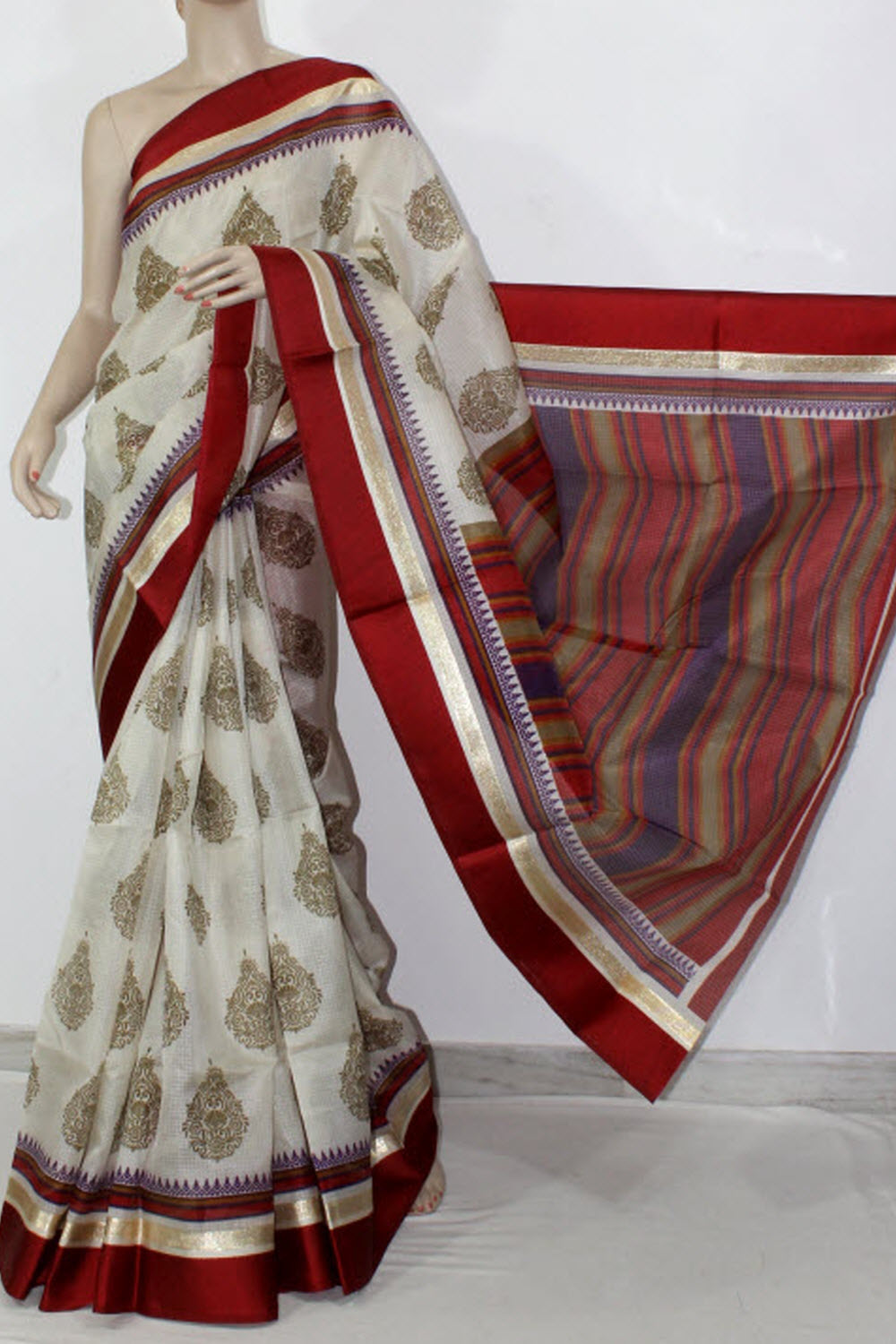 Off White-Maroon Exclusive Art Silk Saree with Blouse