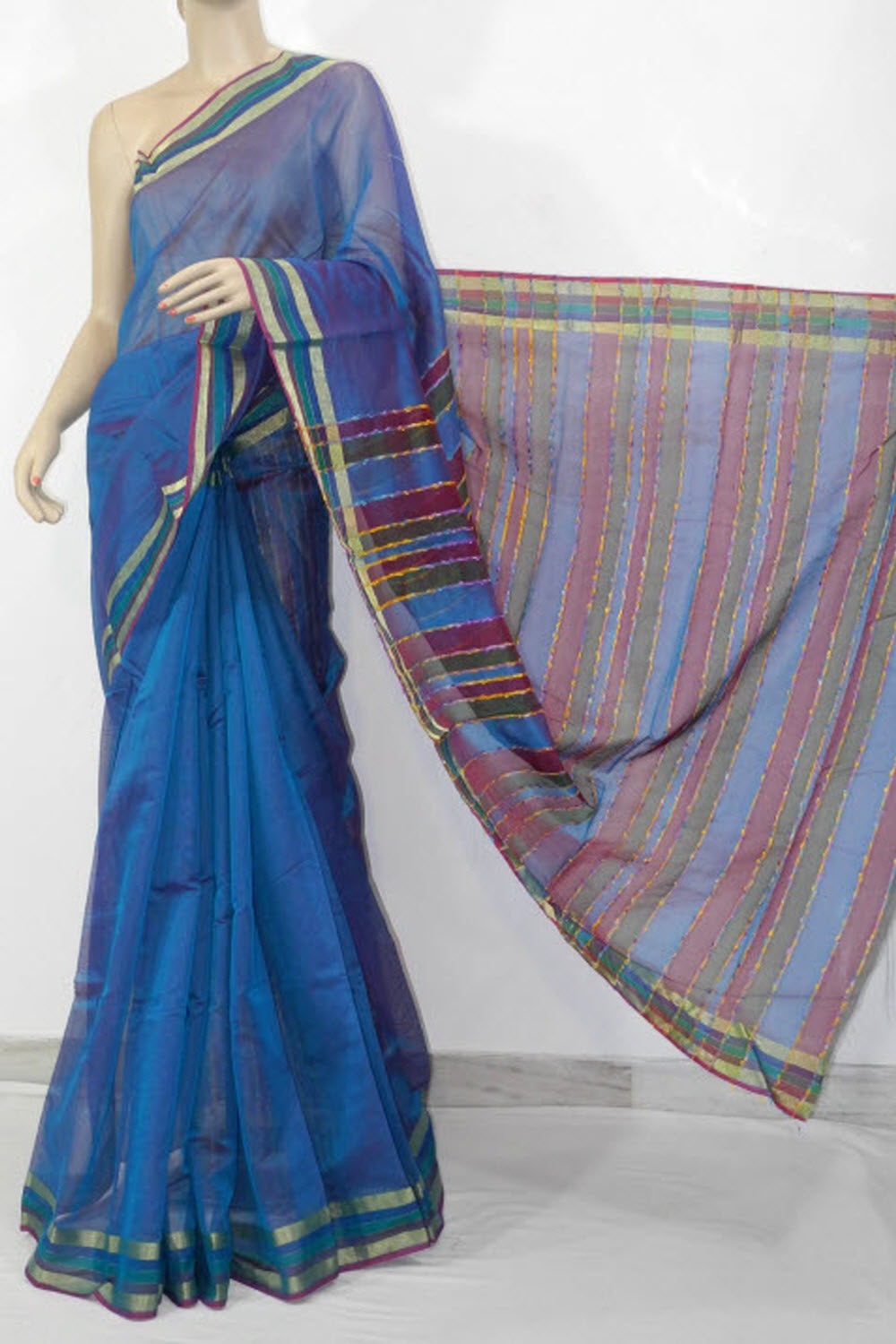 Blue-Maroon Exclusive Synthetic Saree with Blouse