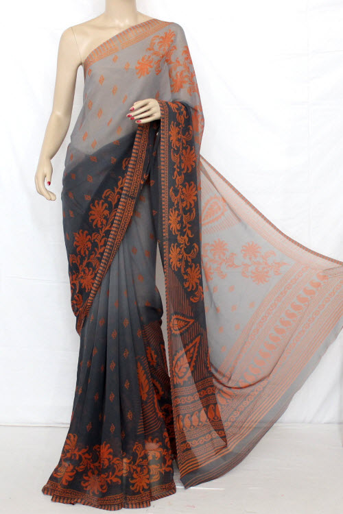 Grey-Orange Mal-Mal Georgette Saree with Blouse