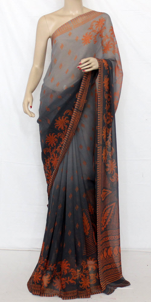 Grey-Orange Mal-Mal Georgette Saree with Blouse