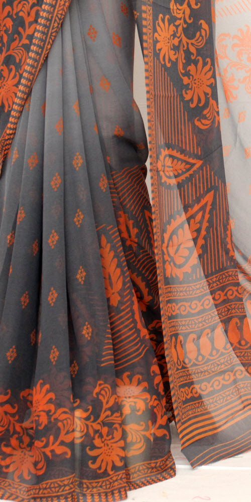 Grey-Orange Mal-Mal Georgette Saree with Blouse