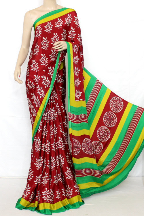 Maroon Crepe Silk Saree with Contrast Blouse