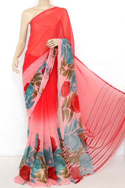Red-Pink Mal-Mal Georgette Saree with Blouse