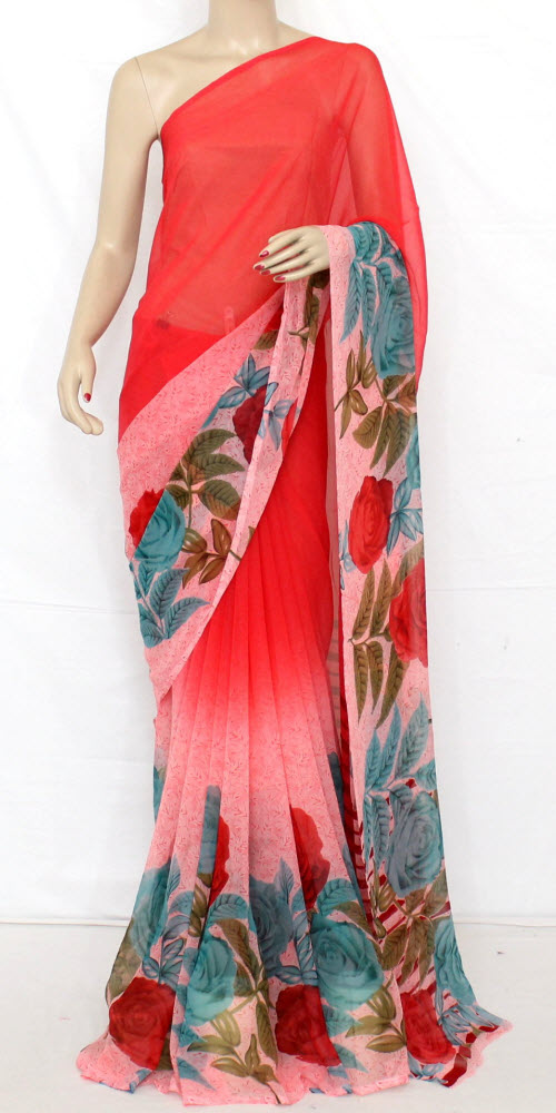 Red-Pink Mal-Mal Georgette Saree with Blouse