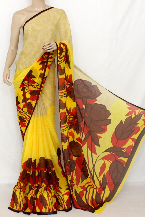 Yellow-Maroon Georgette Saree with Blouse