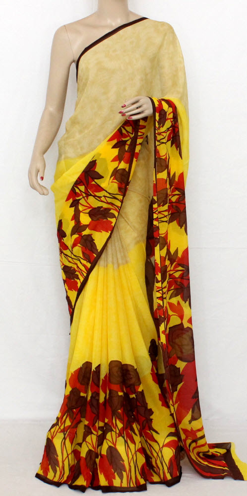 Yellow-Maroon Georgette Saree with Blouse
