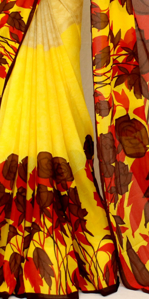 Yellow-Maroon Georgette Saree with Blouse