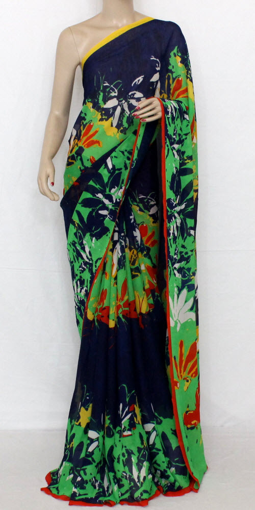 Navy Blue-Green Georgette Saree with Blouse