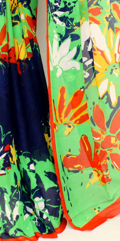 Navy Blue-Green Georgette Saree with Blouse