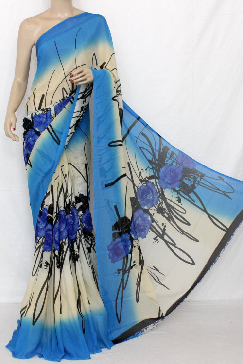 Blue-Off White Georgette Saree with Blouse