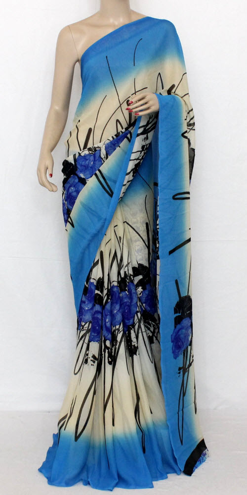 Blue-Off White Georgette Saree with Blouse