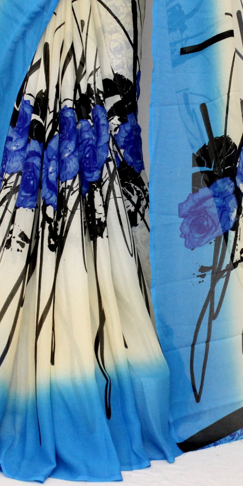 Blue-Off White Georgette Saree with Blouse