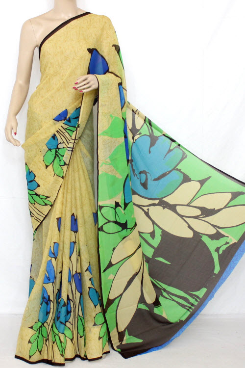 Beige-Blue Georgette Saree with Blouse