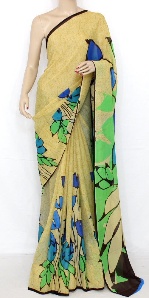 Beige-Blue Georgette Saree with Blouse