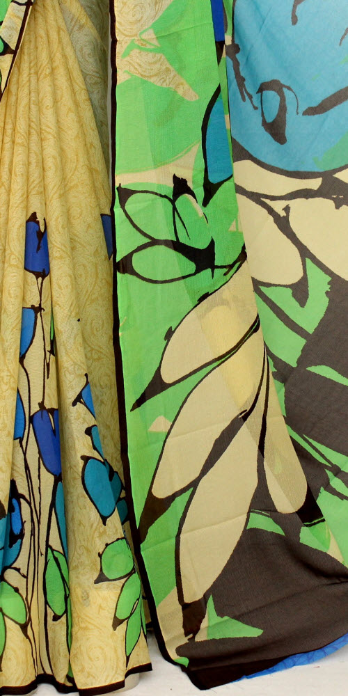 Beige-Blue Georgette Saree with Blouse