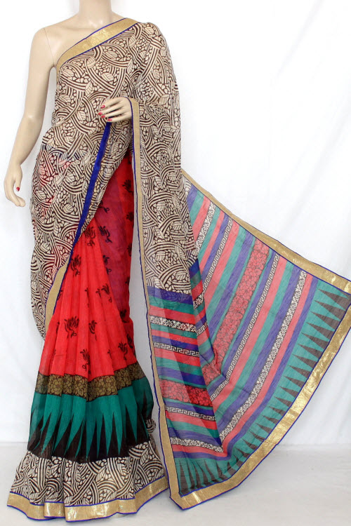 Red-Beige Exclusive Synthetic Saree with Blouse