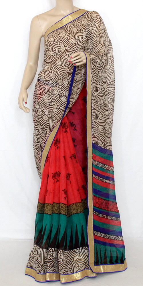 Red-Beige Exclusive Synthetic Saree with Blouse
