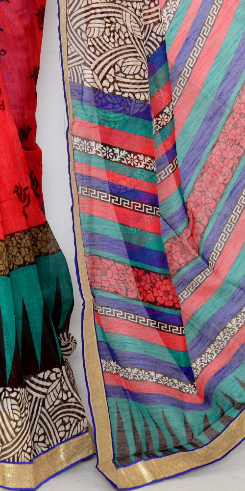 Red-Beige Exclusive Synthetic Saree with Blouse