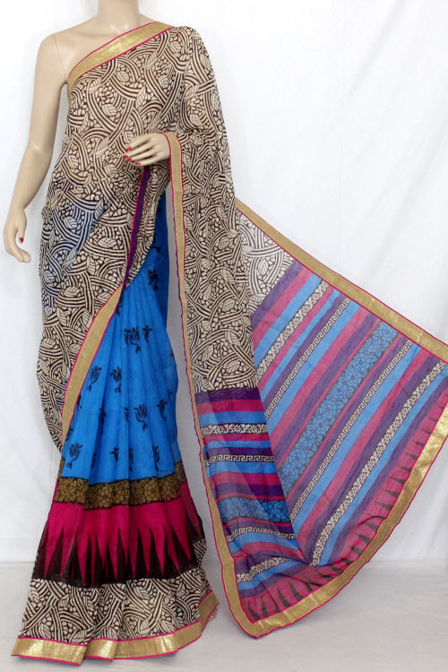 Blue-Beige Exclusive Synthetic Saree with Blouse