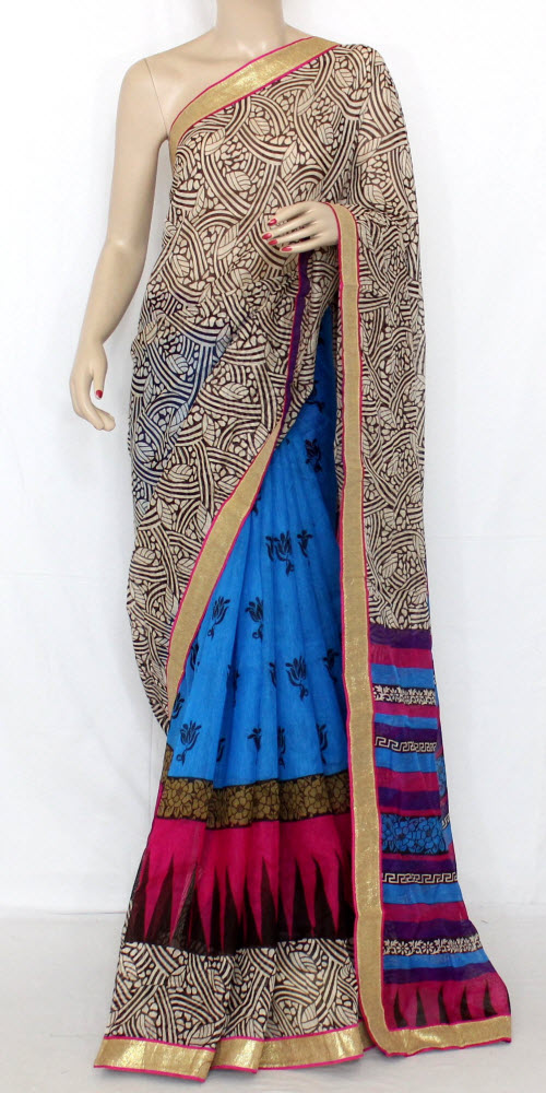Blue-Beige Exclusive Synthetic Saree with Blouse