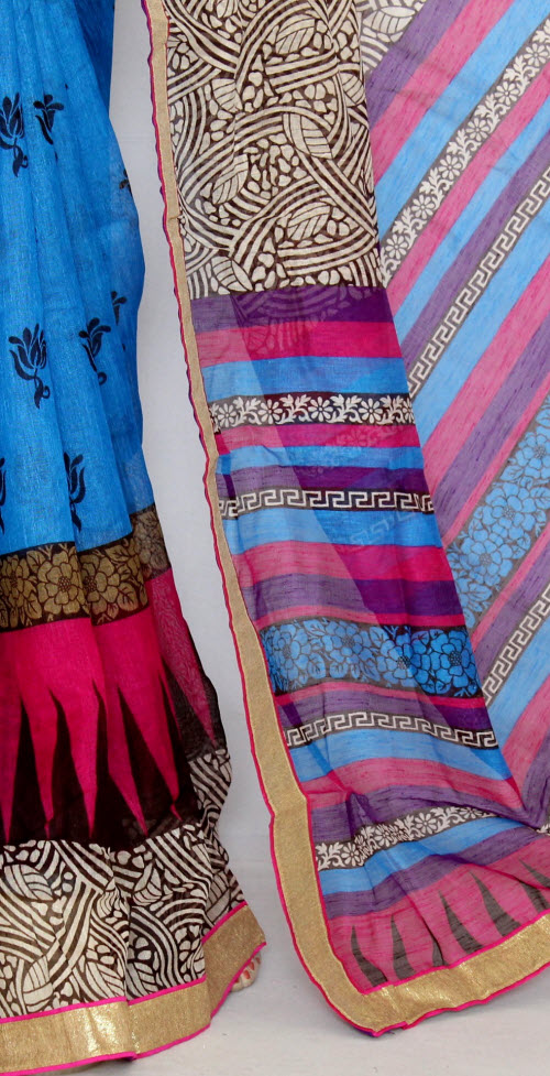 Blue-Beige Exclusive Synthetic Saree with Blouse