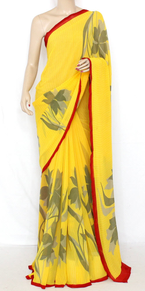 Yellow-Grey Georgette Saree with Blouse