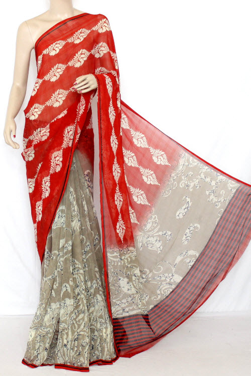 Red-Brownish Grey Wrinkle Free Georgette Saree with Blouse