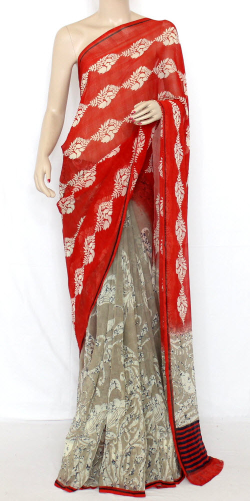 Red-Brownish Grey Wrinkle Free Georgette Saree with Blouse