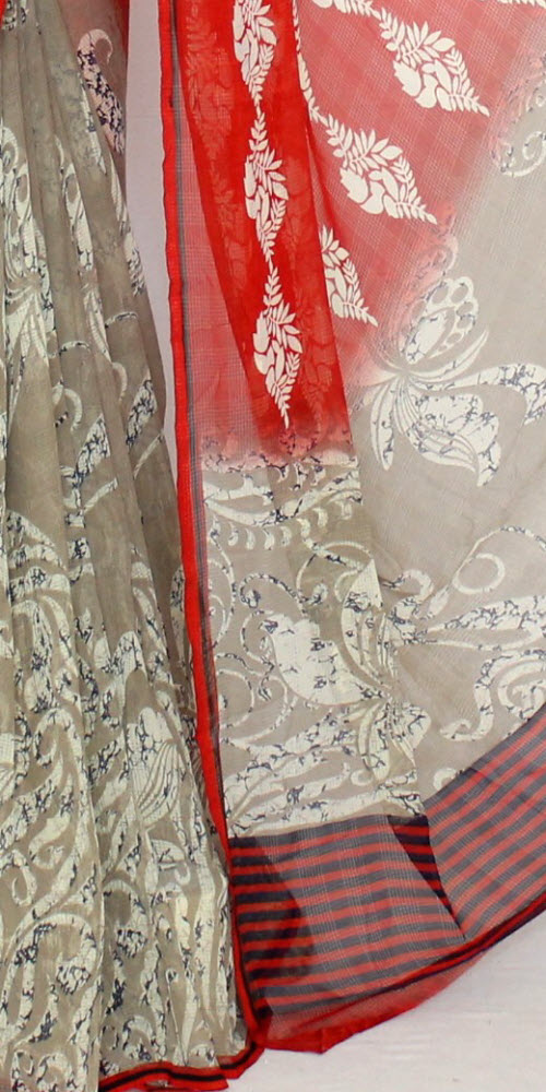 Red-Brownish Grey Wrinkle Free Georgette Saree with Blouse