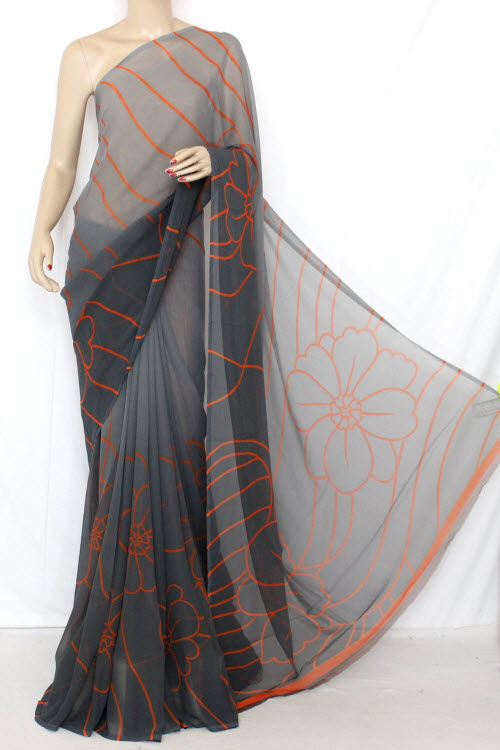 Grey-Orange Wrinkle Free Georgette Saree with Blouse