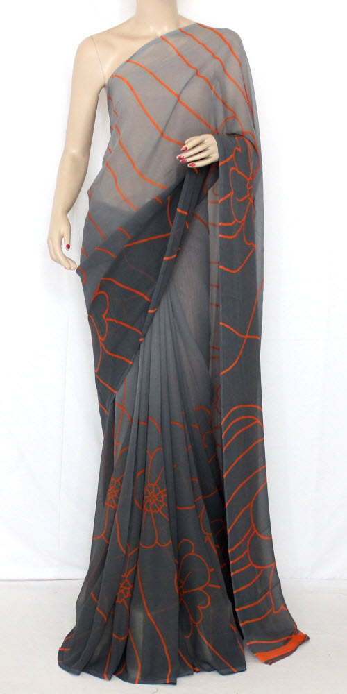 Grey-Orange Wrinkle Free Georgette Saree with Blouse