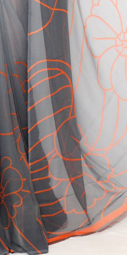 Grey-Orange Wrinkle Free Georgette Saree with Blouse
