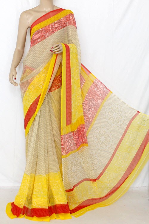 Yellow-Red Wrinkle Free Georgette Saree with Blouse