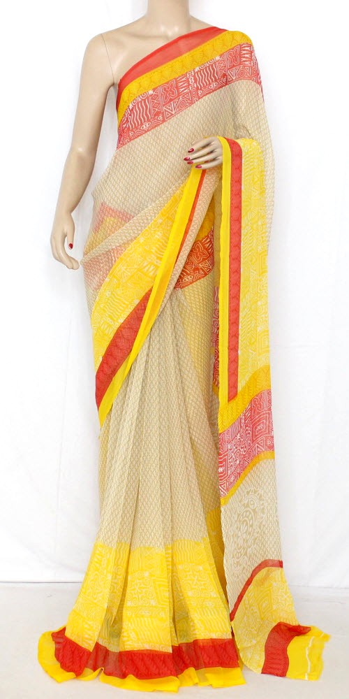 Yellow-Red Wrinkle Free Georgette Saree with Blouse
